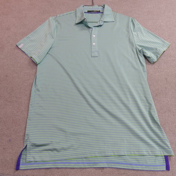 RLX Polo Shirt Large Green Blue Striped Performance Golf Club - Picture 2 of 5